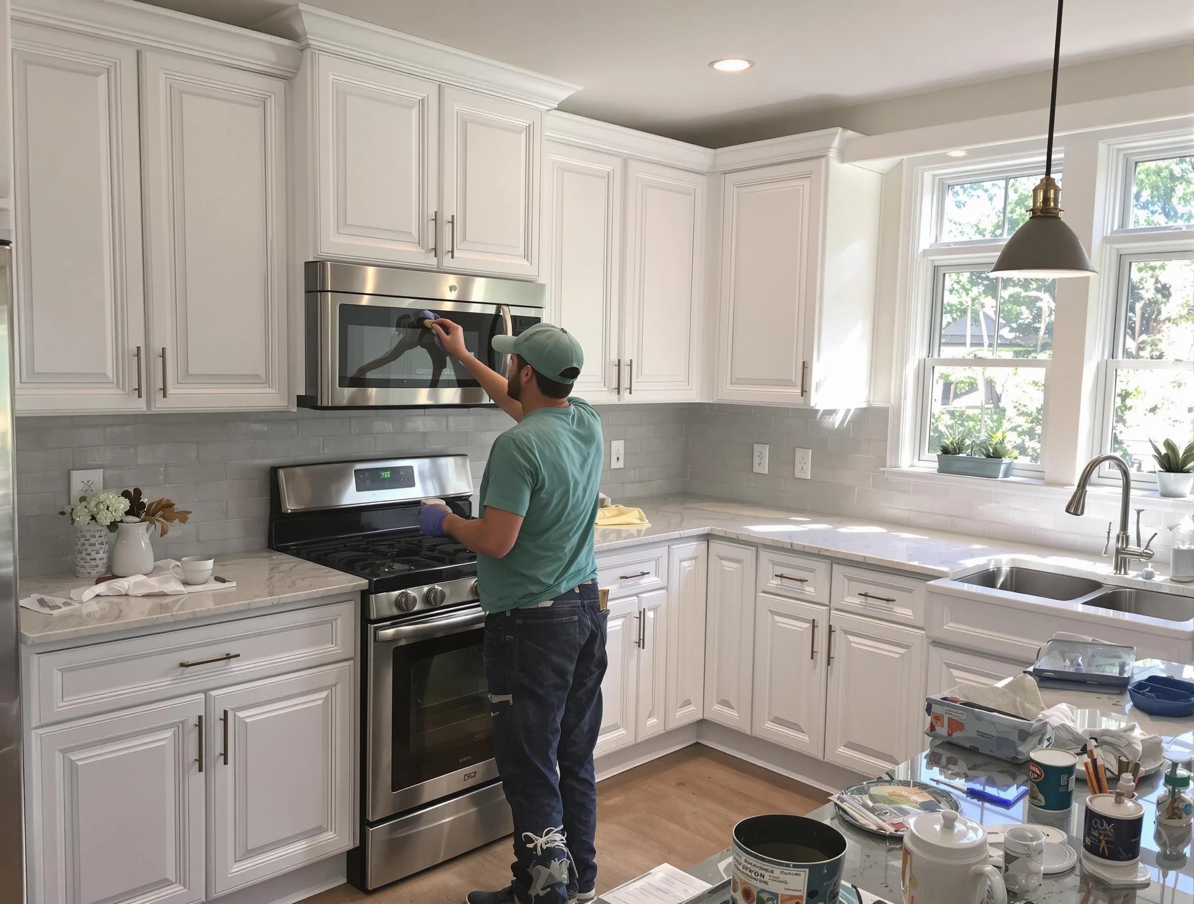 Kitchen cabinets being refinished by Euclid House Painters in Euclid, OH