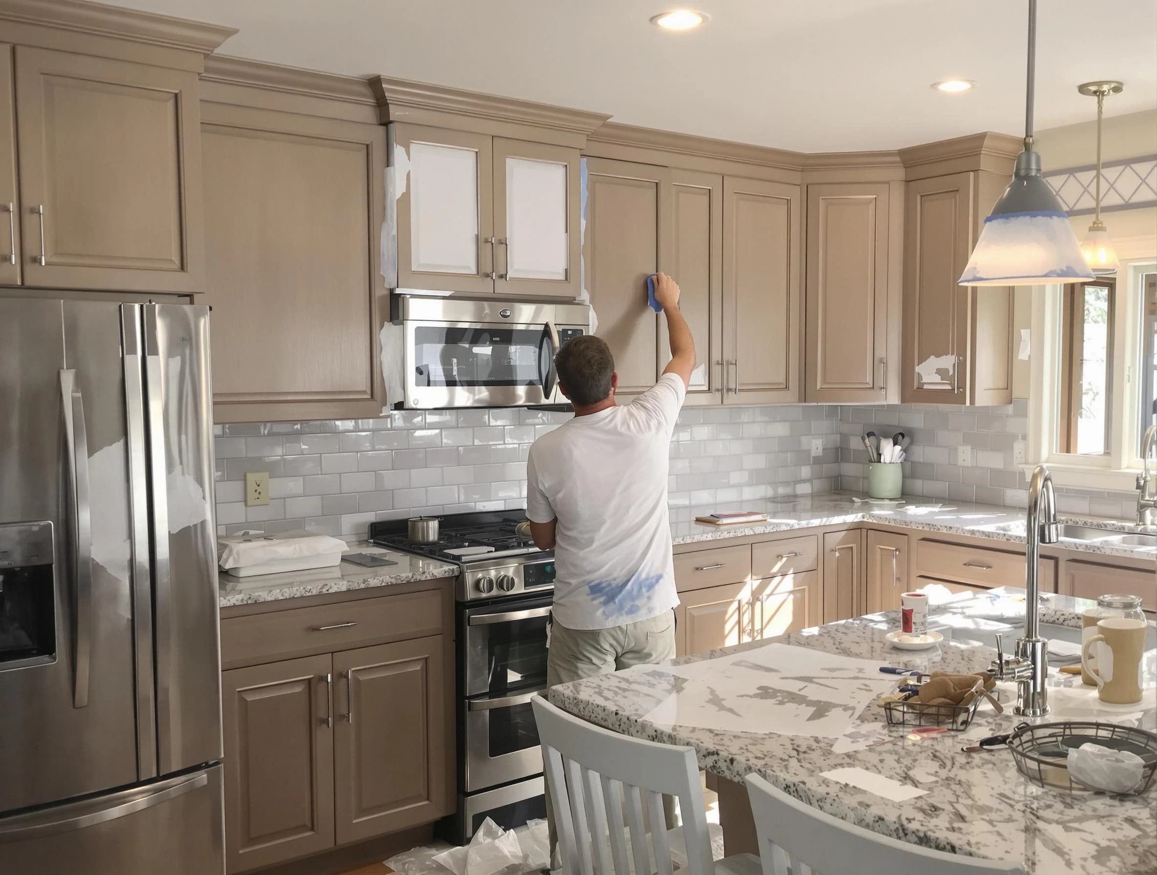 Before-and-after view of kitchen painting by Euclid House Painters in Euclid