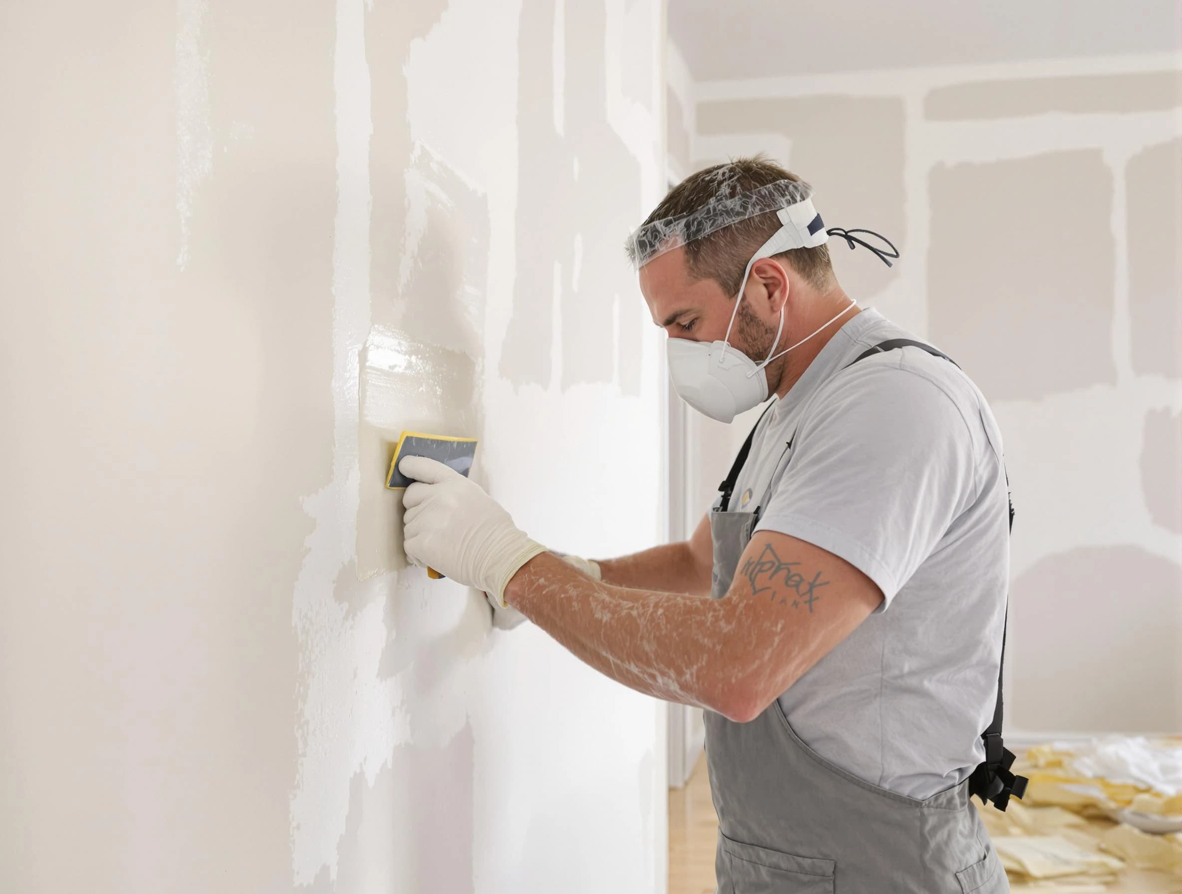 Euclid House Painters technician applying mud to drywall seams in Euclid, OH